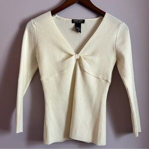 New York & Company Ivory Twist Front Ribbed Top Size Small